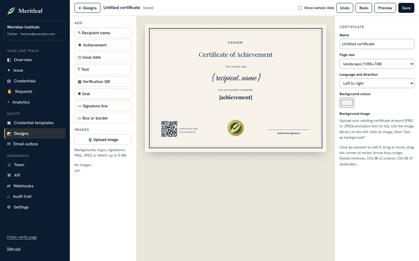 The Meritleaf certificate designer with a certificate on the canvas