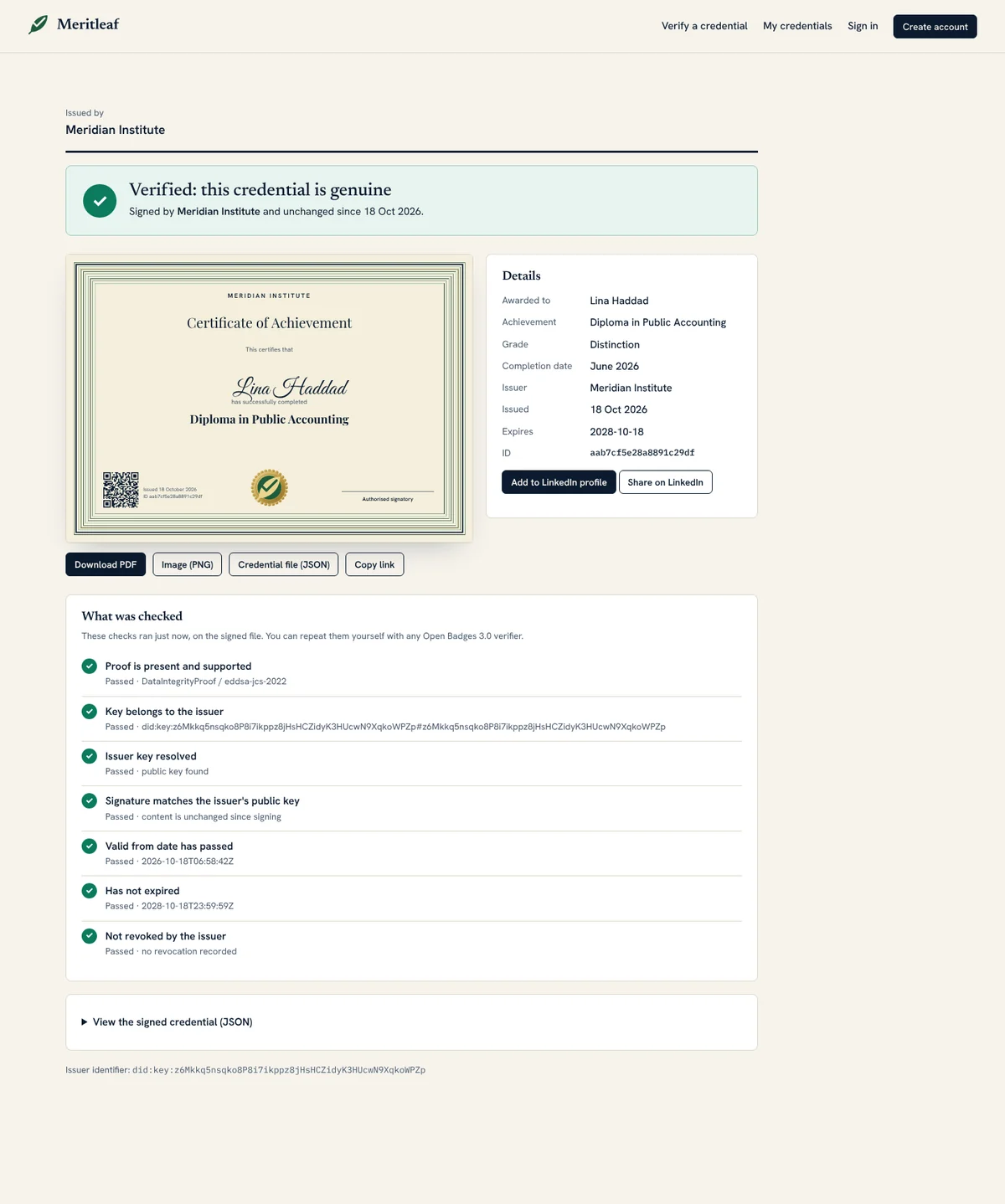 A public credential page showing a verified credential